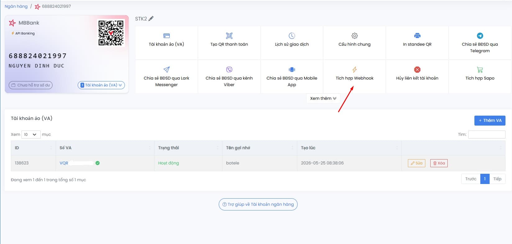 Trang cài đặt thanh toán với trường SePay API Key