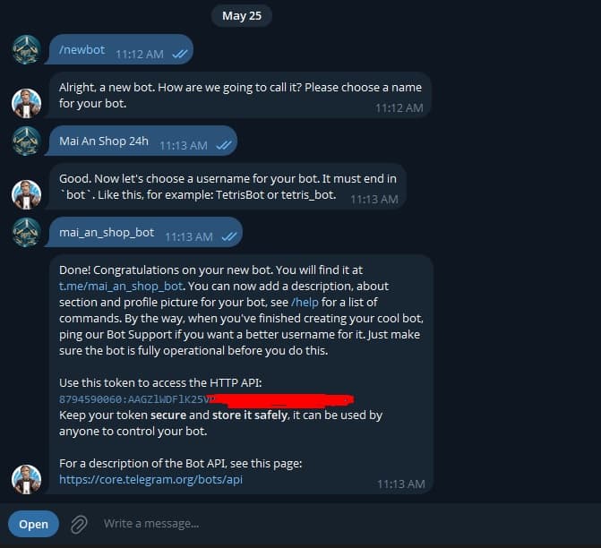 Chat @BotFather hiển thị token bot mới